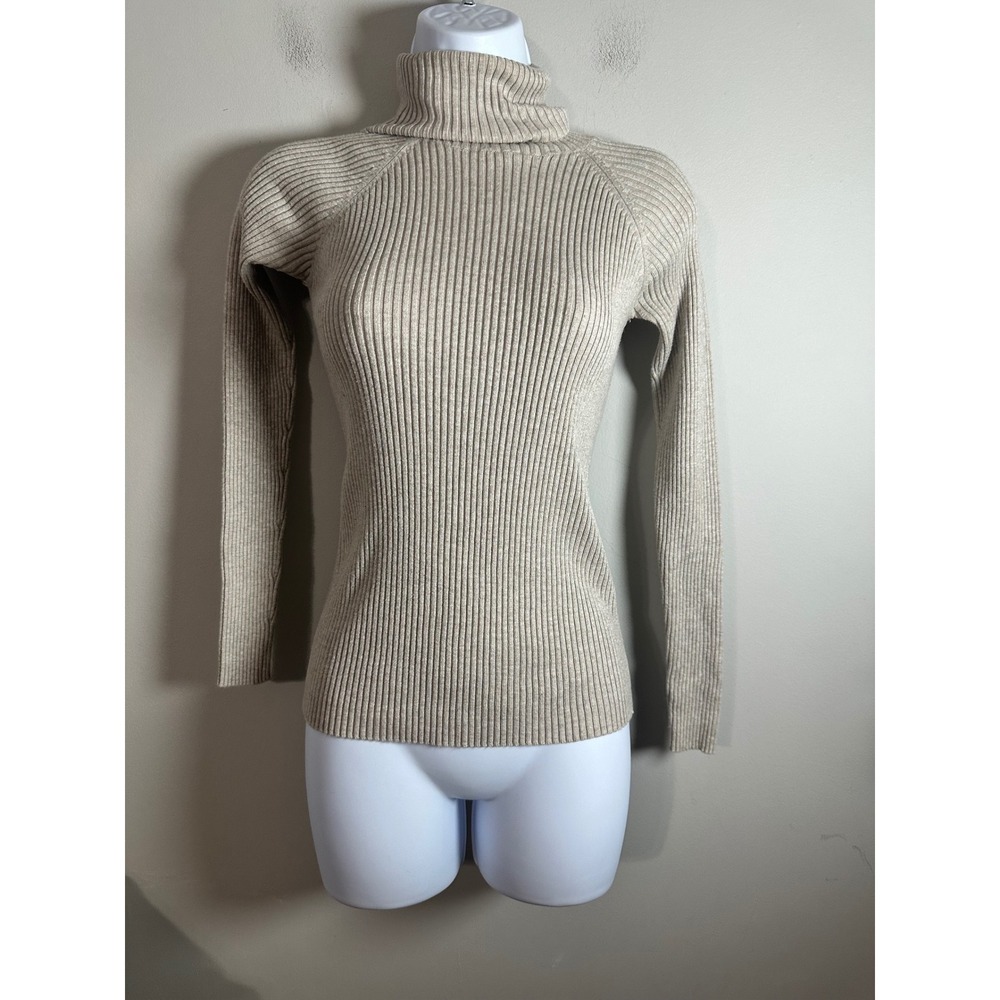 Zara Knit Womens Beige Ribbed Turtleneck Slim Fit Raglan Long Sleeve Sweater M